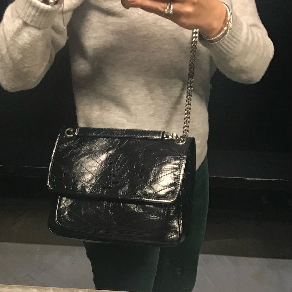 YSL Medium Black Crinkled Leather Flap bag
